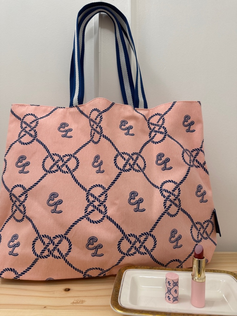 Estee Lauder Pink and Navy Rope-Print Tote with Rose Goddess Lipstick NEW